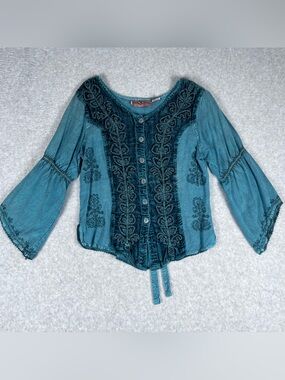 Ren Faire Embroidered Button-Front Women's Top Flowy Sleeves Velvet Renaissance